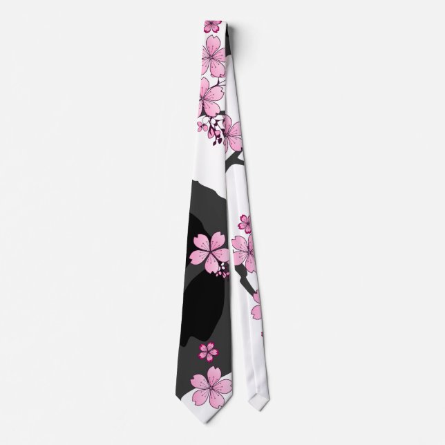 Corbata Kimono japonés Sakura negro y rosa blanco (Anverso)