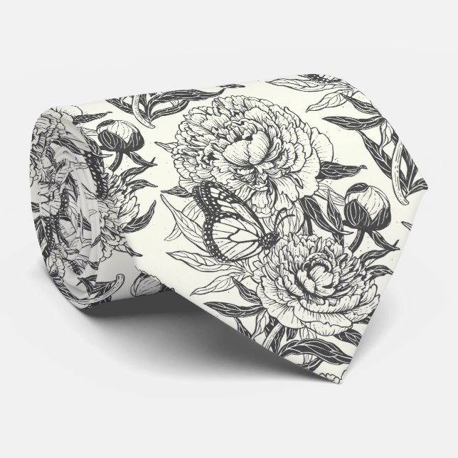 Corbata Las peonias y las mariposas bloquean la impresión, (Enrollado)