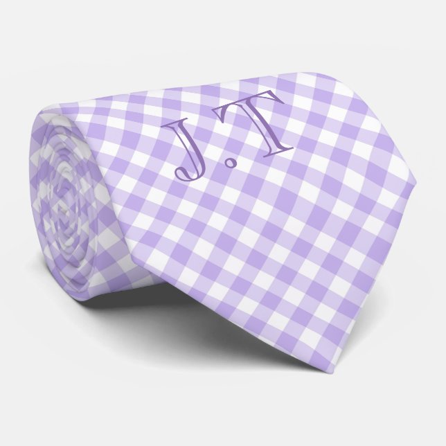 Corbata Lavanda con aspecto agudo Gingham Patrón Monograma (Enrollado)