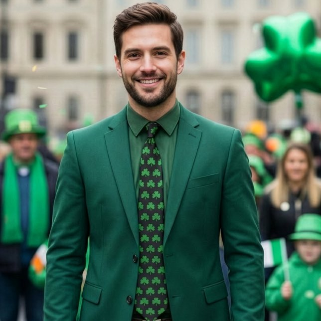 Corbata Lazo del trébol del día de St Patrick, verde en (Man wearing black tie with charocks on it for St. Patrick's Day.)