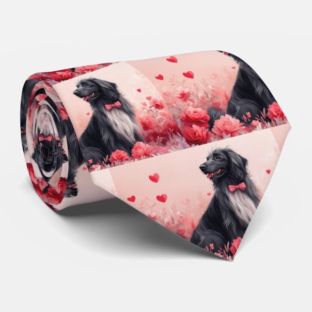 Corbata Lebrel afgano con rosas - Día de San Valentín  (Enrollado)