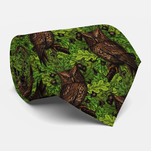 Corbata Lechuzas en el roble, verdes y marrones (Enrollado)
