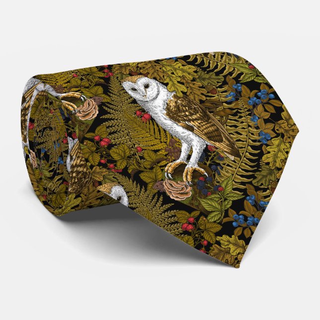 Corbata Lechuzas, helechos, roble y bayas 2 (Enrollado)