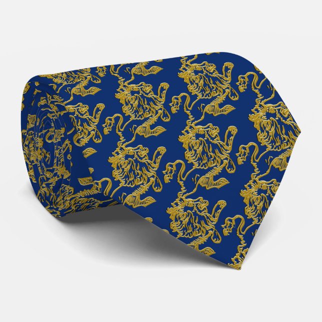 Corbata León del oro en azules marinos (Enrollado)