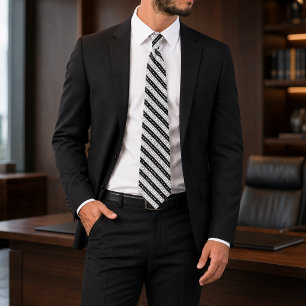 Corbata Leon Raya Geométrica en Blanco y Negro