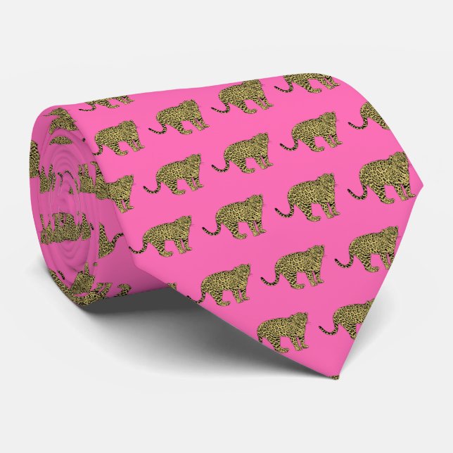Corbata Leopard Cheetah Spot Cat Dibujando Rosa Caliente (Enrollado)