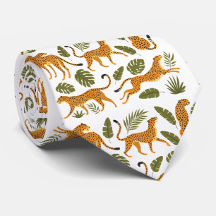 Corbata Leopardos Cheetahs Tropical Leaves Fondo Blanco