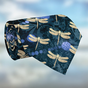 Corbata Libélulas doradas sobre damasco azul turquesa vint