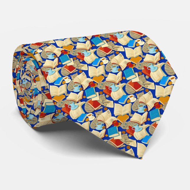 Corbata Libros y gatos en azul (Enrollado)