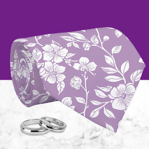 Corbata Lila polvoriento y Chinoisería floral blanca 