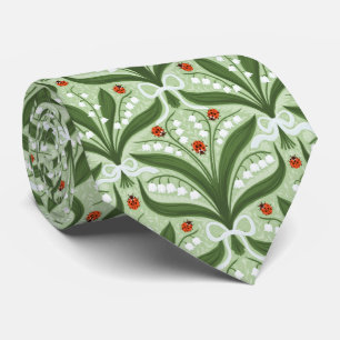 Corbata Lily del valle y la simetría de ladybugs en verde,