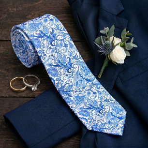 Corbata Lindo Arte Floral Paisley Azul Oscuro Blanco