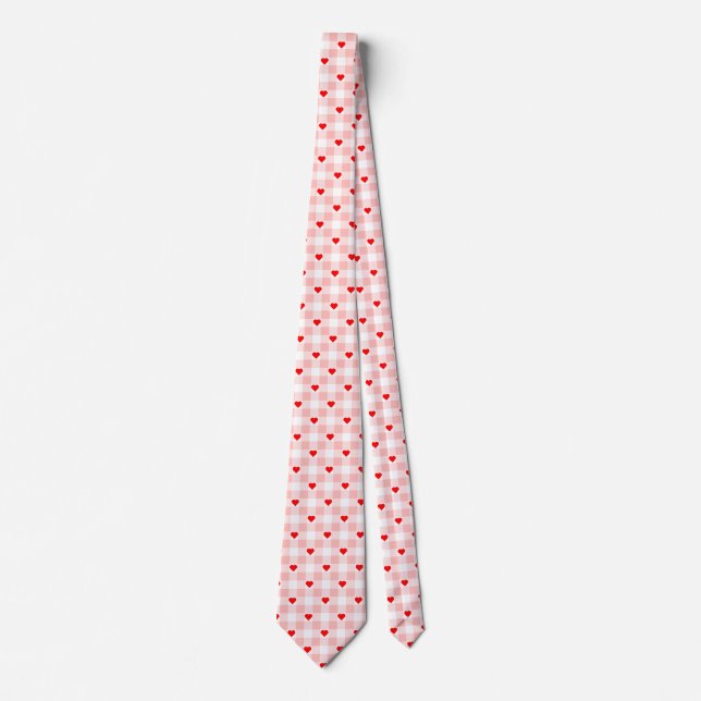 Corbata Lindo patrón de gingham a cuadros con corazón rosa (Anverso)