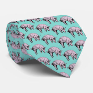 Corbata Litografía vintage de cerdo rosa