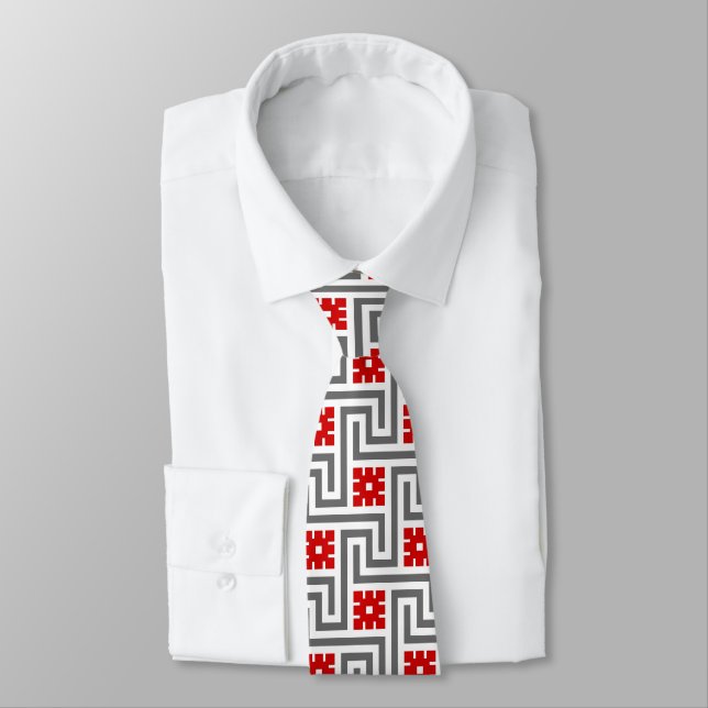 Corbata Llave griega decorativa, roja, blanca y gris / gri (Atado)