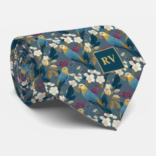 Corbata Loros y rama de magnolia sobre azul turquesa