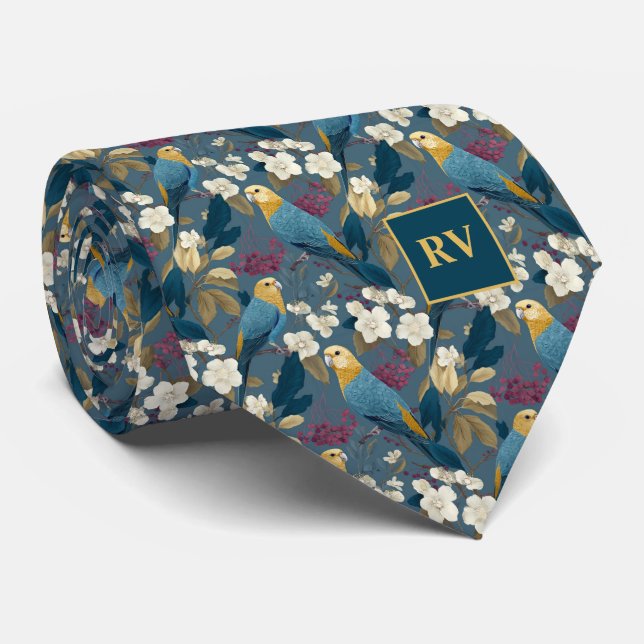 Corbata Loros y rama de magnolia sobre azul turquesa (Enrollado)