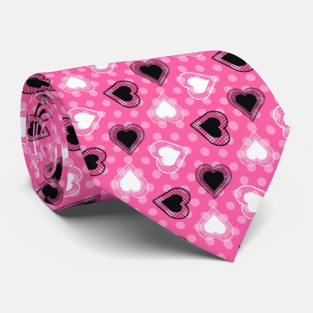 Corbata Los puntos rosados de polka encajan los corazones (Enrollado)