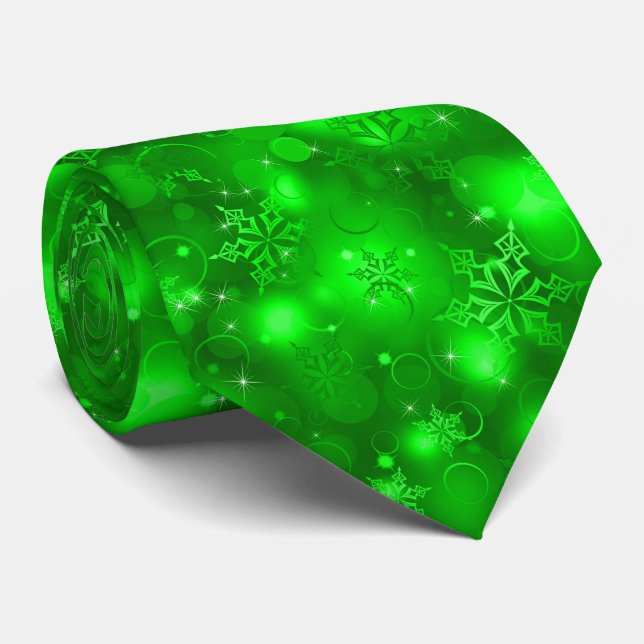 Corbata Luces y copos de nieve, verde - lazos del navidad, (Enrollado)