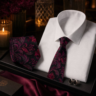 Corbata Lujo Burgundy Negro Damask Floral Sin Costuras