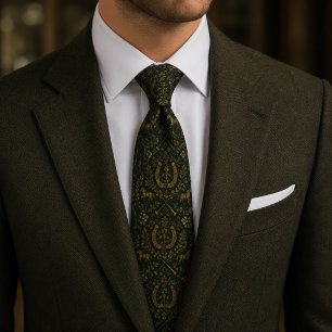 Corbata Lujo Caballo Ecuestre Herradura Oro Verde