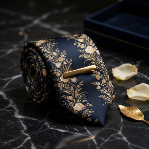 Corbata Lujo Floral Azul Medianoche y Dorado