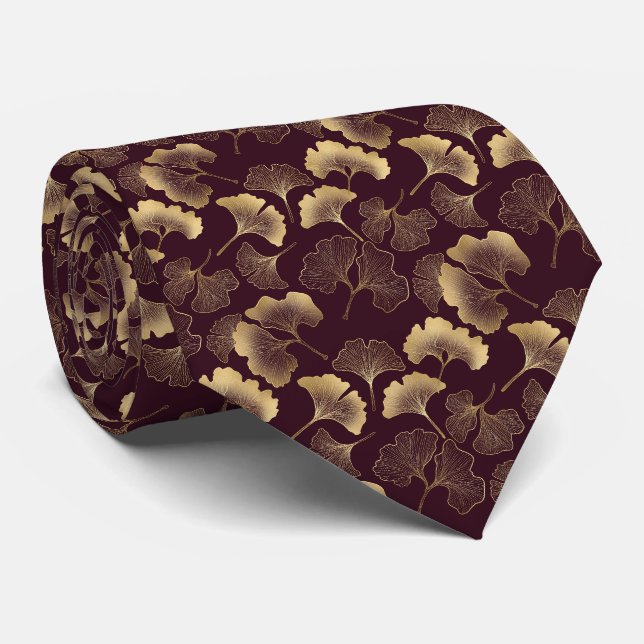 Corbata Lujo Ginkgo Burgundy Oro (Enrollado)