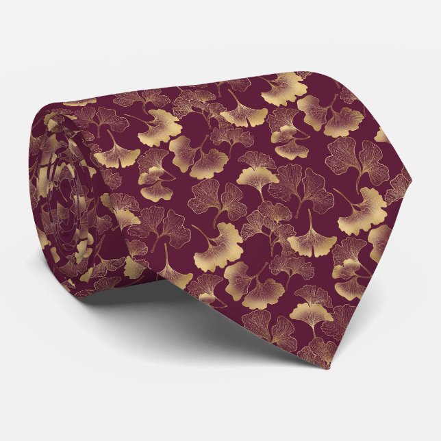 Corbata Lujo Ginkgo Burgundy Oro (Enrollado)