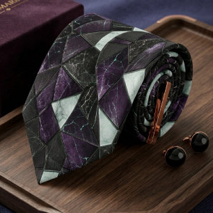 Corbata Lujo Mármol Geométrico Real Púrpura y Negro