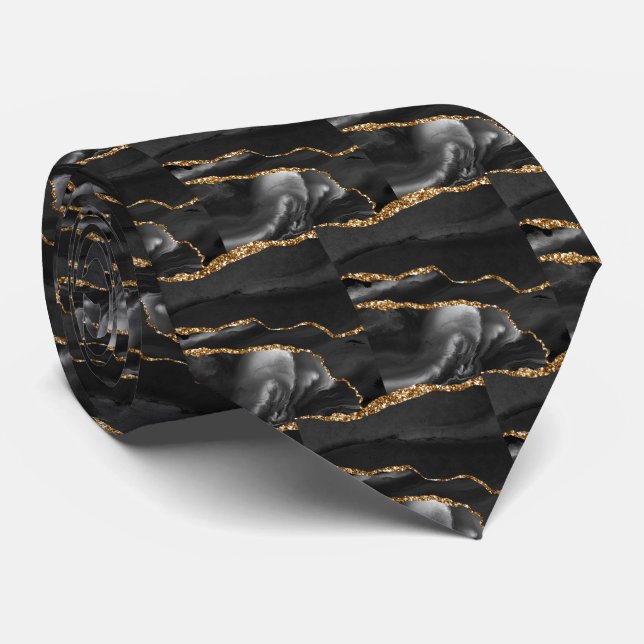Corbata Lujo Negro Falso Glitter Seda Falsa Dorada (Enrollado)