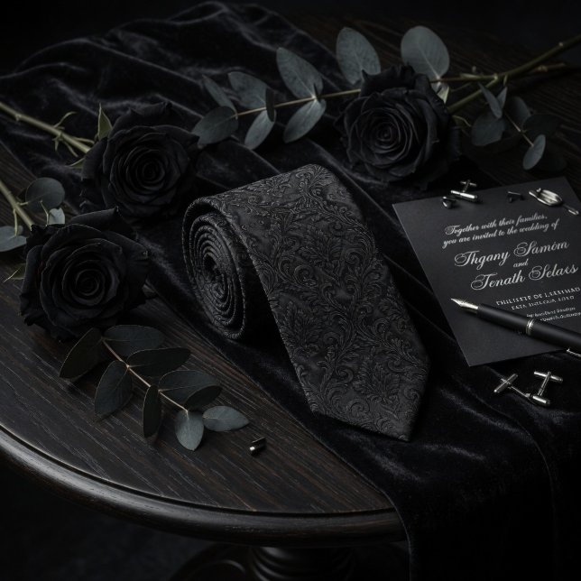 Corbata Lujo Negro Medianoche Damask Floral Embossed (Subido por el creador)