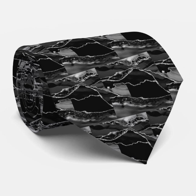 Corbata Lujo Negro Plata Brillo Falso Seda Falsa (Enrollado)