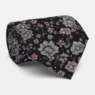 Corbata Lujo Negro Rosado Flores Metálicas Plateadas Vinta