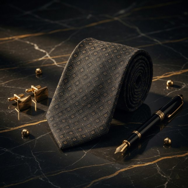 Corbata Lujo Ónix y Patrón Micro Geométrico Dorado (Subido por el creador)
