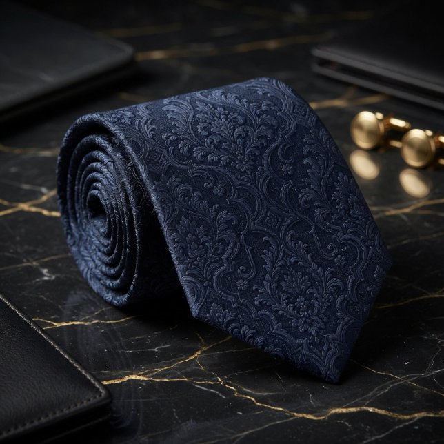 Corbata Lujo Seda Jacquard Barroco Damaskio Azul Medianoch (Subido por el creador)