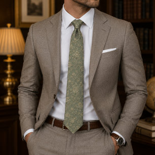 Corbata Lujo Vintage Botánico Floral Toile Verde Salvia