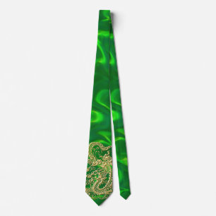 Corbata Lujosa de Seda Verde Dragón Dorado