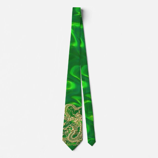 Corbata Lujosa de Seda Verde Dragón Dorado (Anverso)