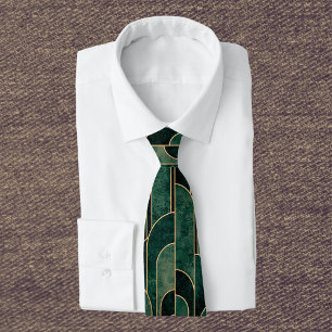 Corbata Lujoso patrón Art Deco Verde y Oro