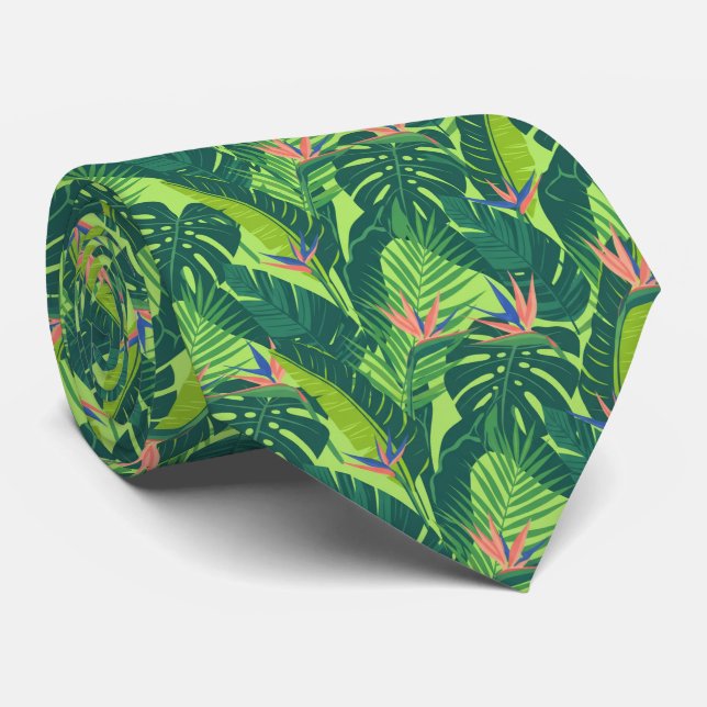 Corbata Lush Vibrant Tropical Leaf Monstera and Palm (Enrollado)