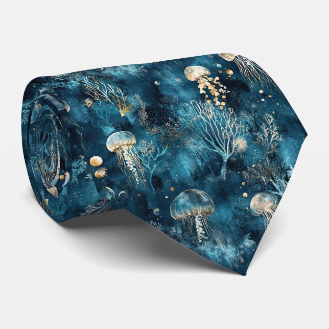 Corbata Lux Ocean Jellyfish & Coral Gold Pattern (2) (Enrollado)