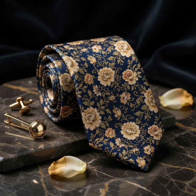 Corbata Luxurious Navy Blue Gold Floral Damask (Subido por el creador)