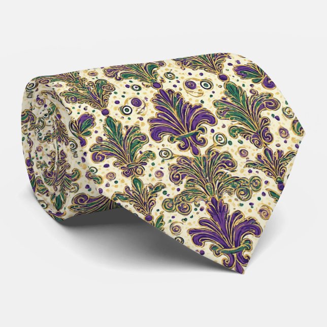 Corbata Luxury Mardi Gras Green Purple Gold Fleur De Lis  (Enrollado)