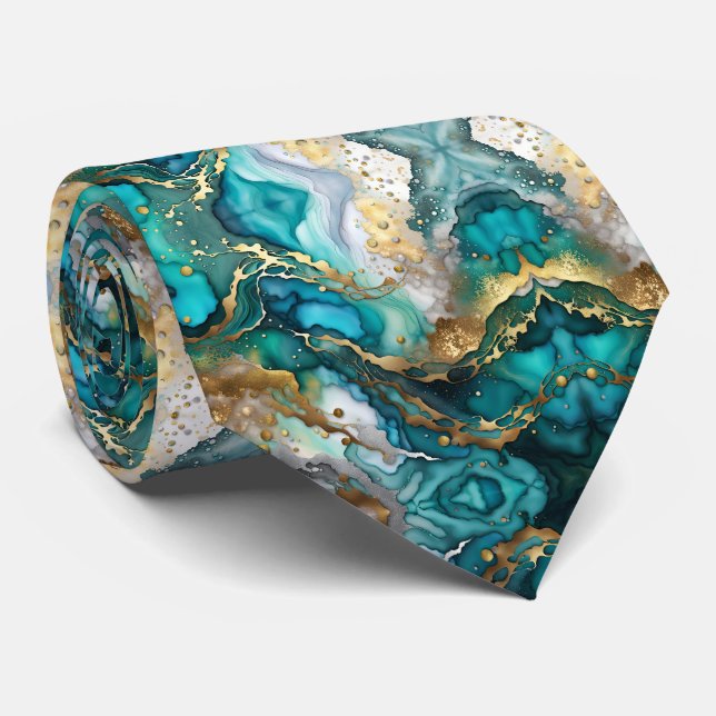 Corbata Luxury Teal and Gold Marble Fluid Art Pattern (Enrollado)