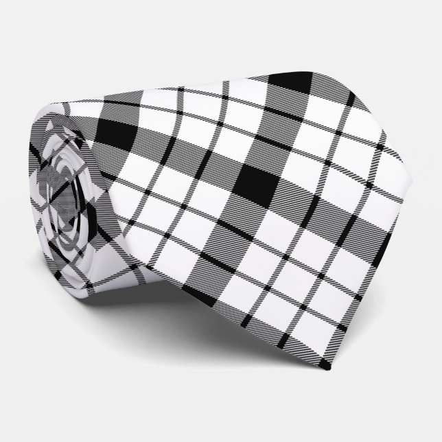 Corbata MacFarlane tartan blanco negro plaid (Enrollado)