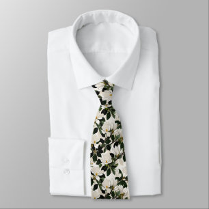 Corbata Magnolia Blanca y Hojas Verdes Floral Sin Costuras