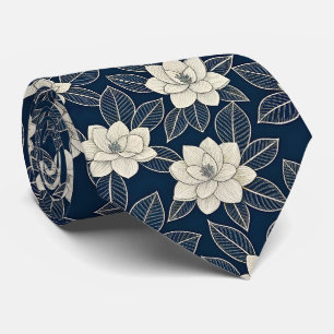Corbata Magnolia Moderna Floral Marfil Azul Medianoche
