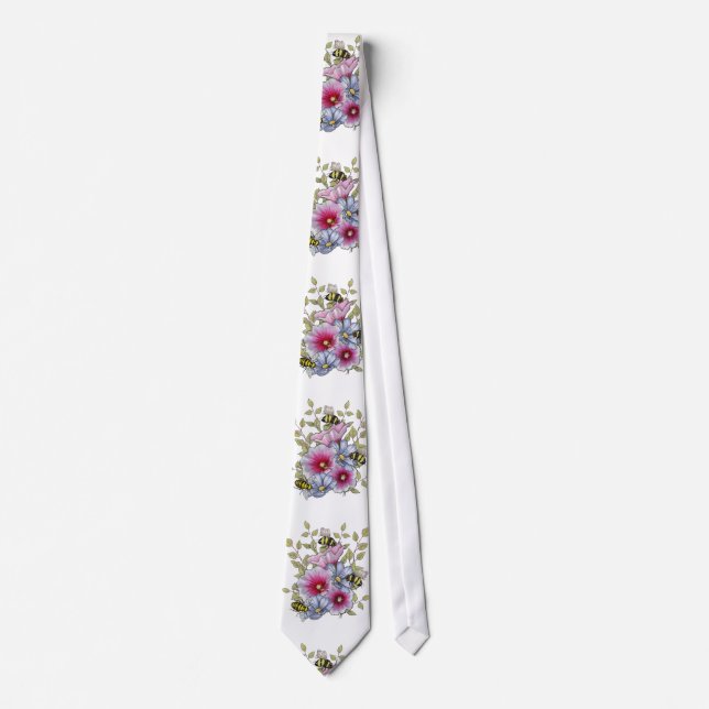 Corbata Malvarrosas y flores azules con abejas (Anverso)