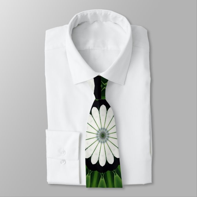 Corbata Mandalá de Flora Verde Tropical y Blanco (Atado)