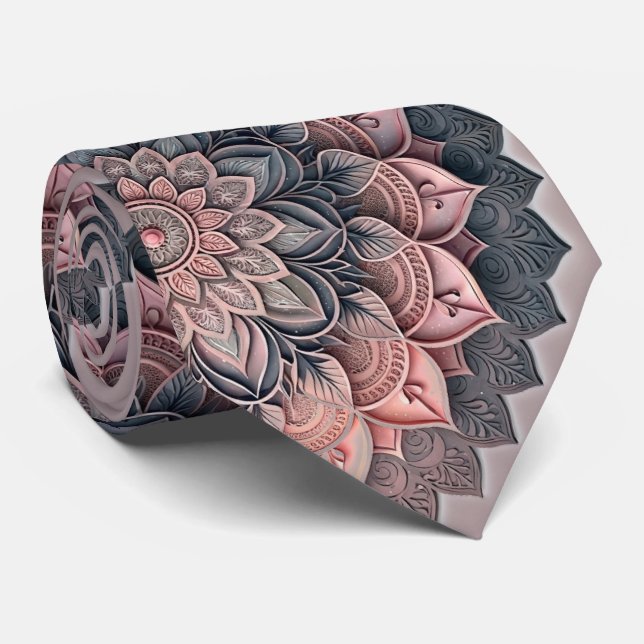 Corbata Mandala Floral Rosa Polvo y Carbón (Enrollado)
